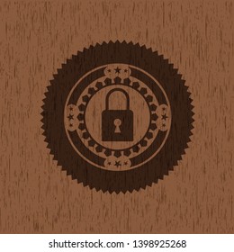 closed lock icon inside retro style wooden emblem