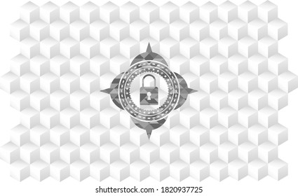 closed lock icon inside retro style grey emblem with geometric cube white background. 