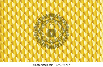 closed lock icon inside shiny golden badge. Scales pattern. Vector Illustration. Detailed.