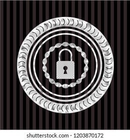closed lock icon inside silvery badge or emblem