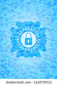closed lock icon inside sky blue emblem with mosaic ecological style background