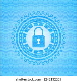 closed lock icon inside sky blue water emblem.