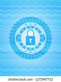 closed lock icon inside sky blue water wave badge background.