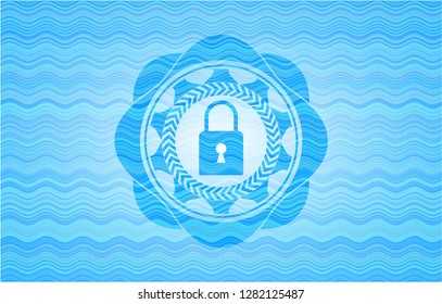 closed lock icon inside sky blue water wave style badge.