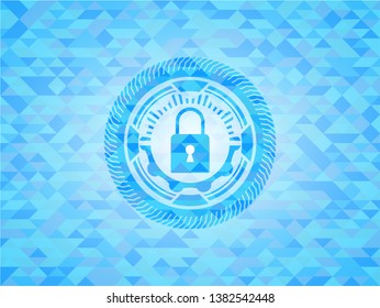closed lock icon inside sky blue emblem with mosaic background