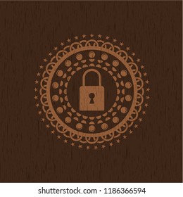 closed lock icon inside vintage wooden emblem