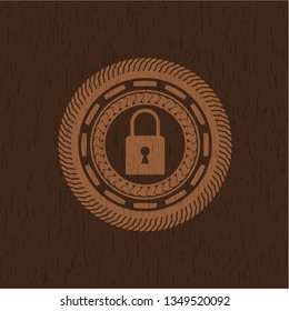 closed lock icon inside wood emblem. Retro