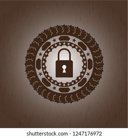 closed lock icon inside wooden emblem