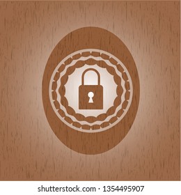 closed lock icon inside wooden emblem. Retro