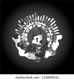 closed lock icon on grey camouflage texture