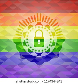 closed lock icon on mosaic background with the colors of the LGBT flag