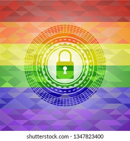 closed lock icon on mosaic background with the colors of the LGBT flag