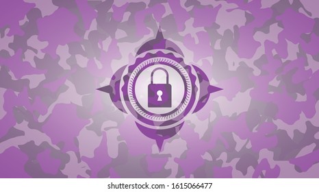 closed lock icon on pink and purple camouflaged pattern