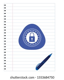 closed lock icon pen emblem. Blue ink. Vector Illustration. Detailed.