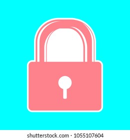Closed lock icon. Vector. Magenta icon with white sticker contour at sky blue background. Isolated.