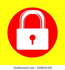 Closed lock icon. Vector. White flat icon inside red circle at yellow background. Isolated.