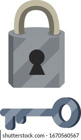 Closed lock and Keyhole. Cartoon flat illustration. Metal key. Protection and security. Element of door. Block and unlock