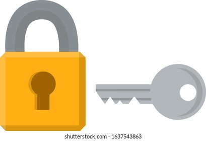 Closed lock and Keyhole. Metal key. Protection and security. The element doors. Block and unlock. Cartoon flat illustration
