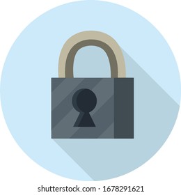 Closed lock. Keyhole. Metal object. Protection and security. The element doors. Block and unlock. Cartoon flat illustration in blue circle. Icon for app