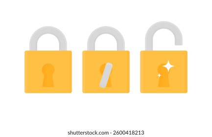 Closed lock, lock opened by key and open lock in cartoon style on white background isolated. Concept of information security etc.