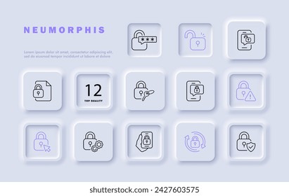 Closed lock set line icon. Password, security, protection, file, mouse, cursor, key, door, SMS. Neomorphism style. Vector line icon for business and advertising