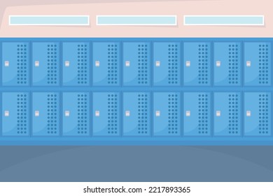 Closed lockers in dressing room flat color vector illustration. Storage for personal items. Metal cabinets in gym. Fully editable 2D simple cartoon interior with pink wall in background