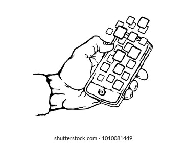Closed loop continuous line drawing of hand holding smartphone.Technology, business, people and media concept.Application icons on the phone screen