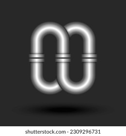 Closed loop logo 3d steel infinity shape line pipe with flanges smooth curve shape, silver colored creative industrial tech metallic logotype.