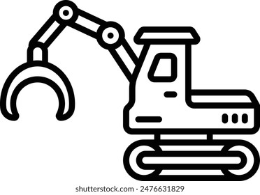 Geschlossenes Loop Titel Feller Buncher Vektorgrafik Ikone Design, Holz- und Holzsymbol, Forst- und Entwaldungszeichen, Waldbau- und Waldland-Illustration, Schaufeleinschlag mit Einzelmaschinenkonzept