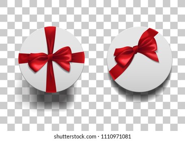 Closed low and high boxes with shadows set on squared background. White round boxes with red ribbons and bows template.