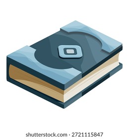 Closed magic book with silver decorations is lying on a white background, featuring a cartoonish style