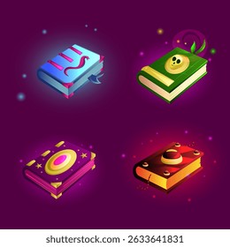 Closed magic, glowing book, set. A magic book with a skull and an amulet. Isolated
