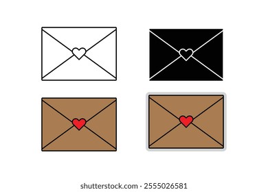 Closed mail envelope icon, love letter with brown color and red heart. Outline, silhouette, cartoon and sticker styles.