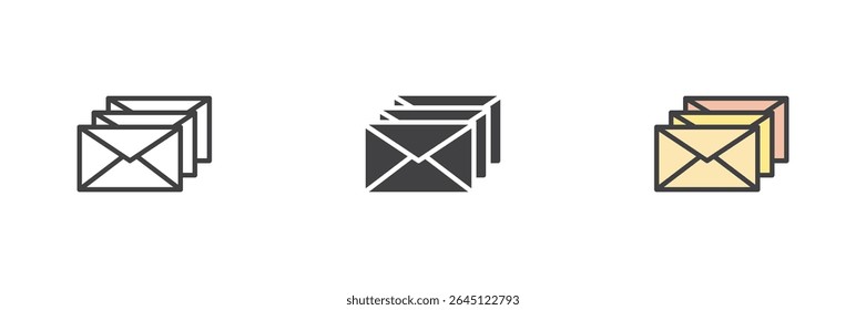 Closed mail envelope icon set in line, solid and colorful filled outline style. Vector communication, message or email symbol.