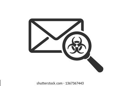 Closed mail envelope with magnifying glass showing biohazard symbol