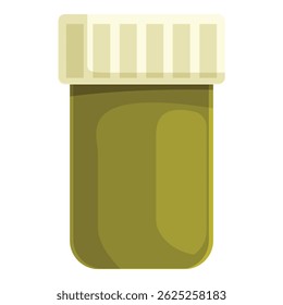 Closed medical glass bottle containing green liquid medicine with a white plastic lid