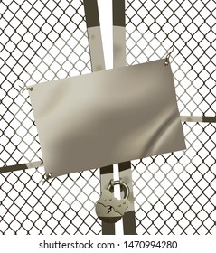 Closed metallic gate with tin signboard, wire netting and padlock in a searchlight beam isolated on white. Vector illustration