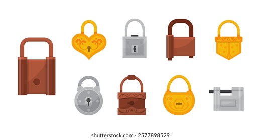 Closed metallic locks. Set of modern and classic retro door accessories. Padlock safety and security. House protection. Game icons. Cartoon vector illustrations.