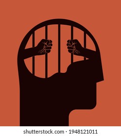 Closed mind or brain prison or obstructions in the head psychologic concept with human black head silhouette and hands behind the bars in the brain silhouette on red background. Vector illustration