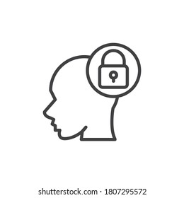 Closed mind line icon. linear style sign for mobile concept and web design. Human head and lock outline vector icon. Symbol, logo illustration. Vector graphics