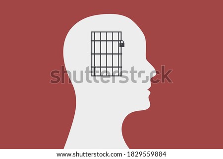 Closed minded concept illustration. Bars and a lock inside of a persons brain. Vector.
