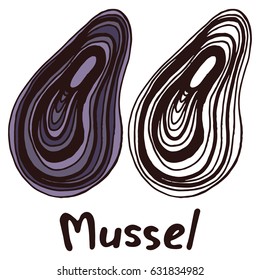 Closed mussel shell. Hand drawn isolated illustration with the inscription on a white background