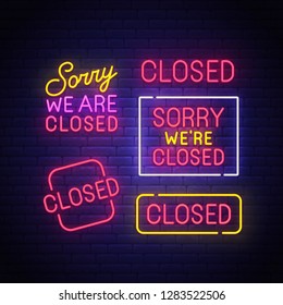 Closed neon sign, bright signboard, light banner. Closed neon, emblem. Vector illustration