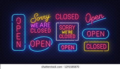 Closed neon sign. Open neon sign. Isolated signs. Label, emblem. Bright signboard, light banner. Vector illustration