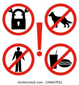 Closed, no dogs, no food, no entrance to outsiders. Set of posters, signs, safety warning and prohibitory.Warning signs.