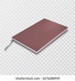A closed notebook with a brown cover on an isolated transparent background.Мock-up.3Д book with bookmark.A realistic template for shadow design. Vector illustration.