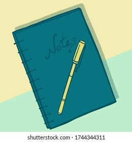 Closed notebook cover with pen isolated on background. Flat style vector illustration. Spiral notebook with notes. Flat icon for business, application, website, sticker, typography, infographic