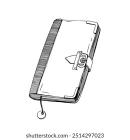 Geschlossenes Notebook. Handgezeichneter Planer, Business-Notizblock, Organizer. Tagebuch, Tagebuch mit Saitenlesezeichen und Schnallenverschluss, Skizzenzeichnung. Konturierte Vektorgrafik einzeln auf weißem Hintergrund