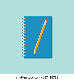 Closed notebook with pencil isolated on background. Flat style icon. Vector illustration.