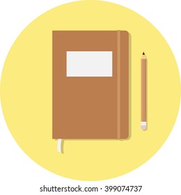 Closed notebook with pencil and pen in top view. Sketchbook or diary. Vector illustration